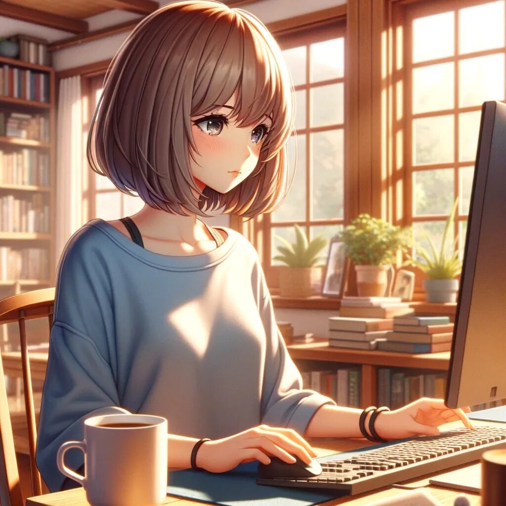 自宅のリビングでパソコンで作業をしている茶髪ボブカットの女性