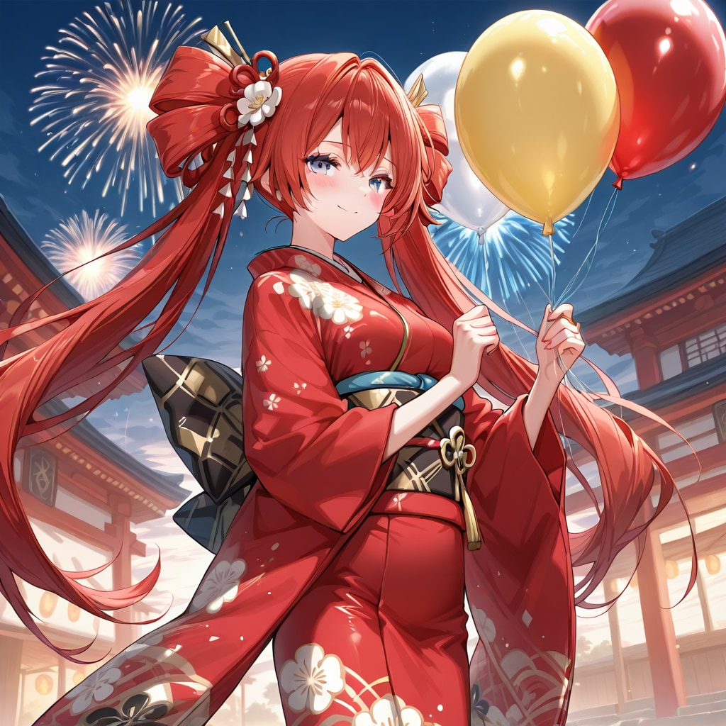 いっぱい風船を持つ赤い髪ツインテールの着物着た美女。