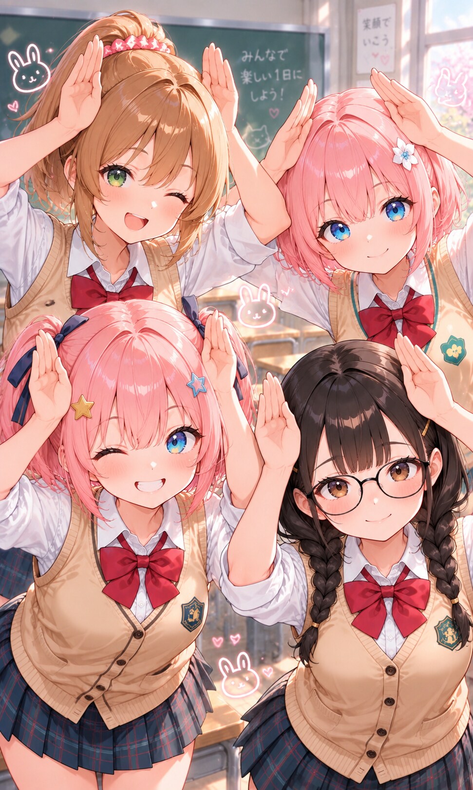 4人で仲良くウサギのポーズ(∩´∀`∩)💕 | の人気AIイラスト・グラビア