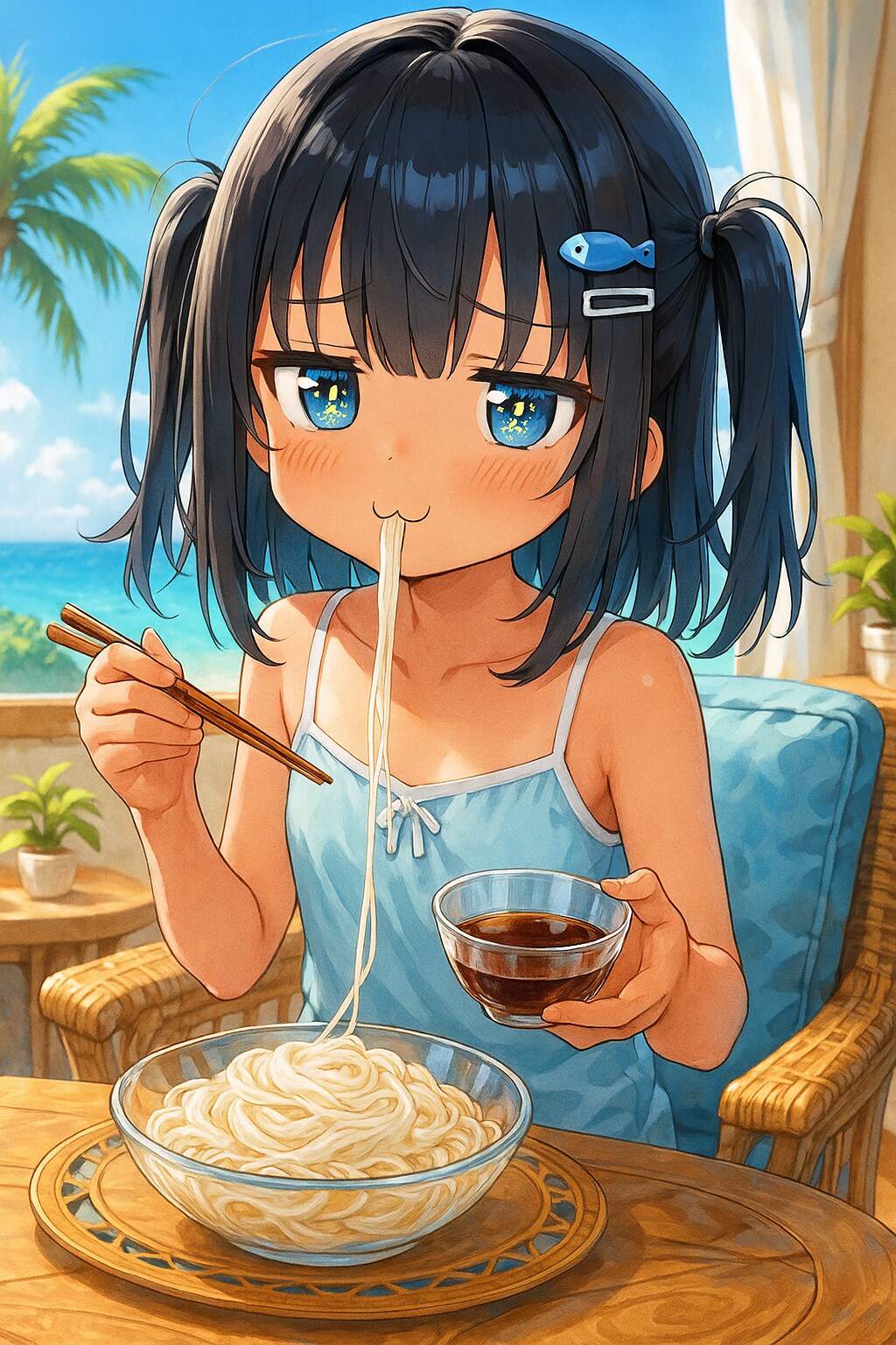 素麺を食べるこなつちゃん