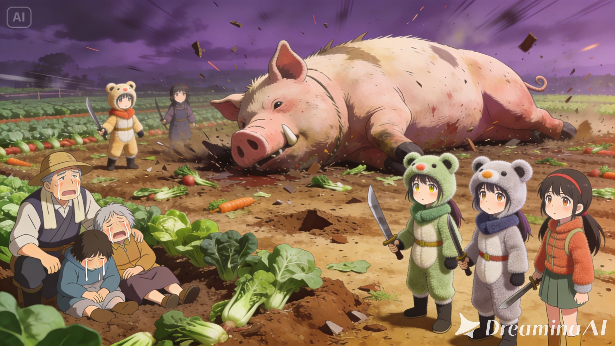 【All0428a】大量の野生の豚とボス豚を倒すことが出来た、しかし様々な春野菜畑が荒らされてしまった、農家の人達がとても悲しんでいる。（モデル: Seedream 5.0） | の人気AIイラスト・グラビア