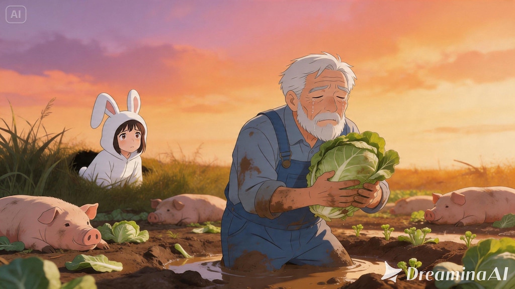 【All0428a】大量の野生の豚とボス豚を倒すことが出来た、しかし様々な春野菜畑が荒らされてしまった、農家の人達がとても悲しんでいる。（モデル: Seedream 5.0）