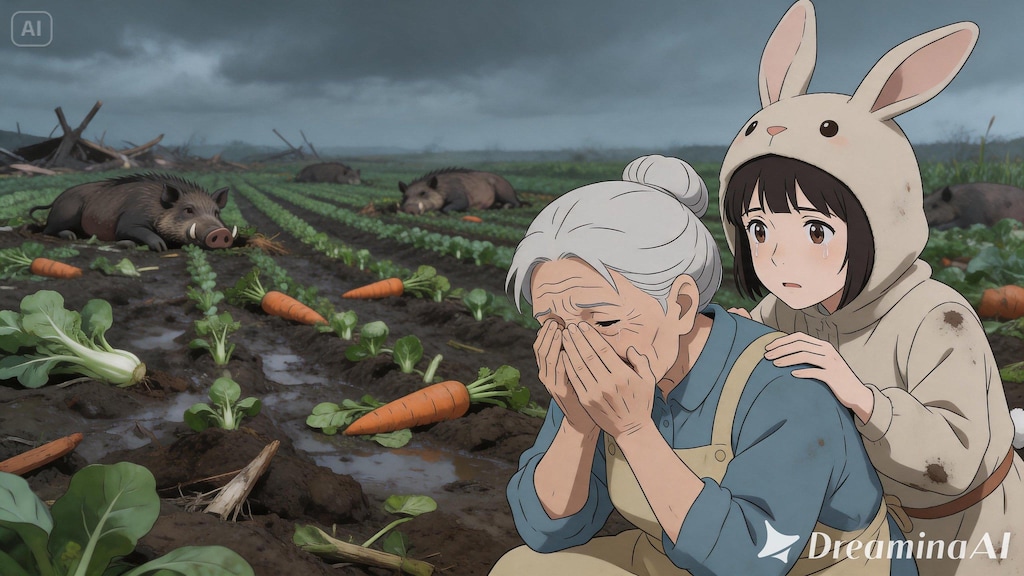 【All0428a】大量の野生の豚とボス豚を倒すことが出来た、しかし様々な春野菜畑が荒らされてしまった、農家の人達がとても悲しんでいる。（モデル: Seedream 5.0）