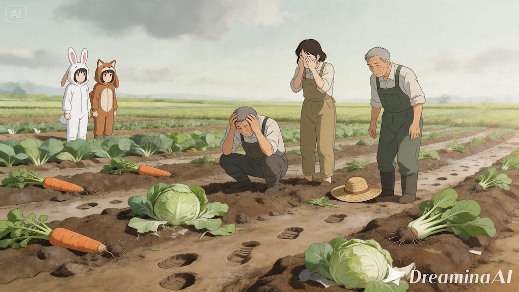 【All0428a】大量の野生の豚とボス豚を倒すことが出来た、しかし様々な春野菜畑が荒らされてしまった、農家の人達がとても悲しんでいる。（モデル: Seedream 5.0）