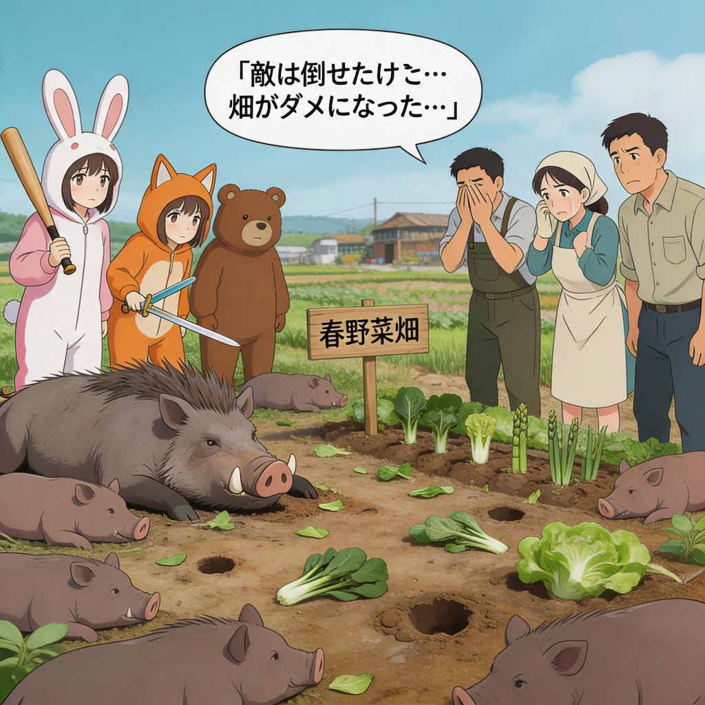 【All0428a】大量の野生の豚とボス豚を倒すことが出来た、しかし様々な春野菜畑が荒らされてしまった、農家の人達がとても悲しんでいる。（モデル: Seedream 5.0）