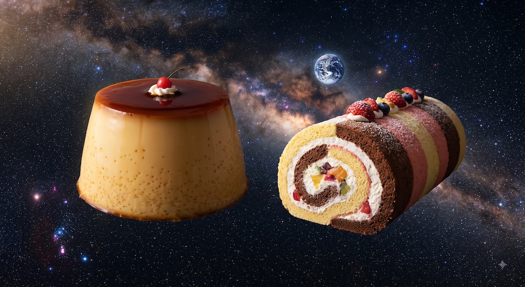 えらいこっちゃサイズとやってしまいよったサイズのプリンとロールケーキ