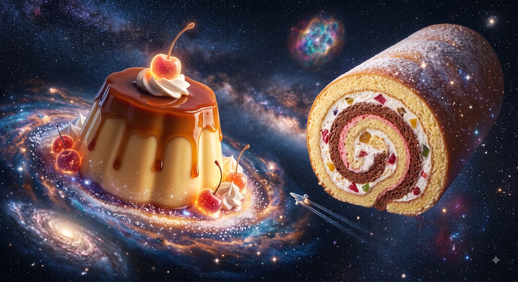 えらいこっちゃサイズとやってしまいよったサイズのプリンとロールケーキ
