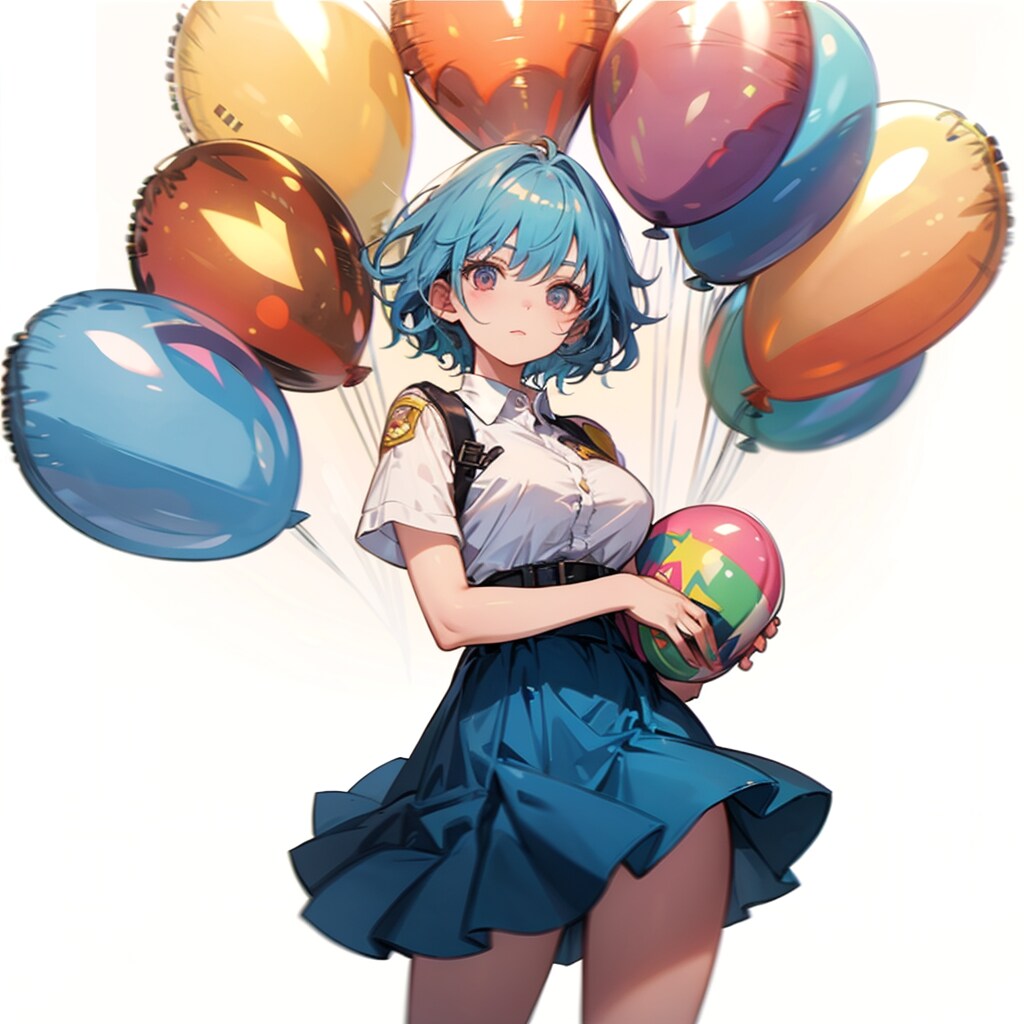 いっぱい色とりどりの風船を持つ青い髪ショートカットの消防士の美女 | の人気AIイラスト・グラビア