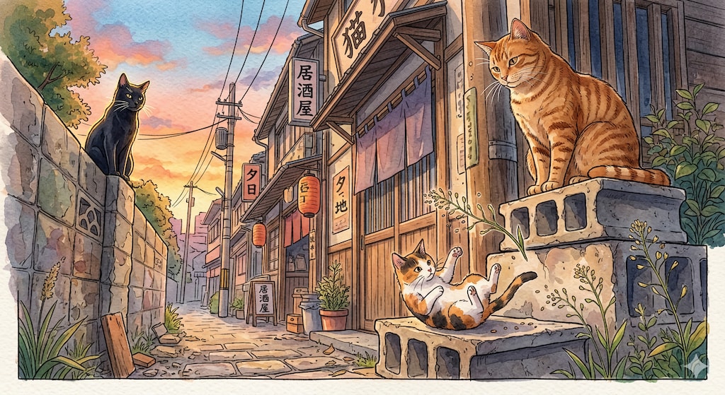 水彩の街角、猫たちの居場所🐈‍⬛ᩚ🐈ᩚ