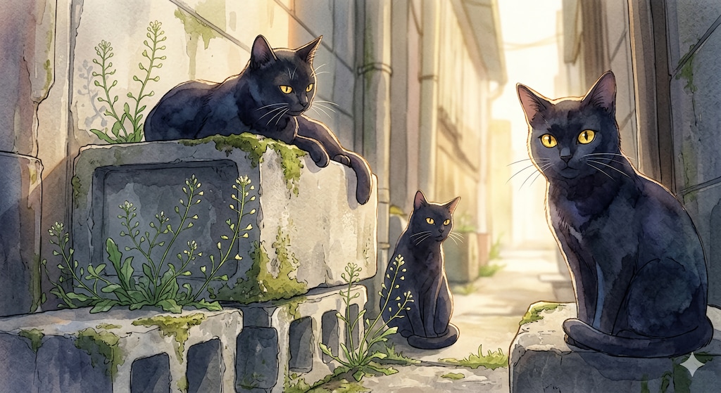 水彩の街角、猫たちの居場所🐈‍⬛ᩚ🐈ᩚ