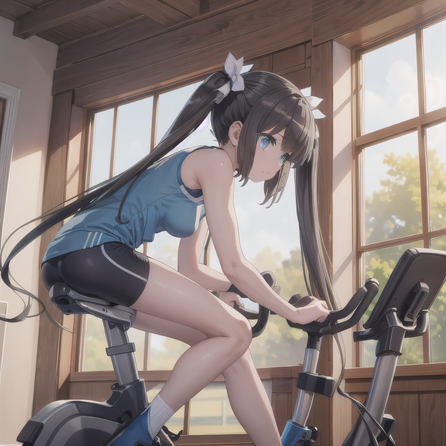 黒髪ツインテでエアロバイクの少女 | の人気AIイラスト・グラビア