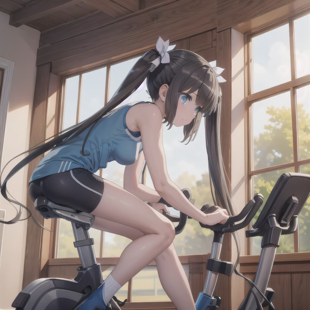 黒髪ツインテでエアロバイクの少女