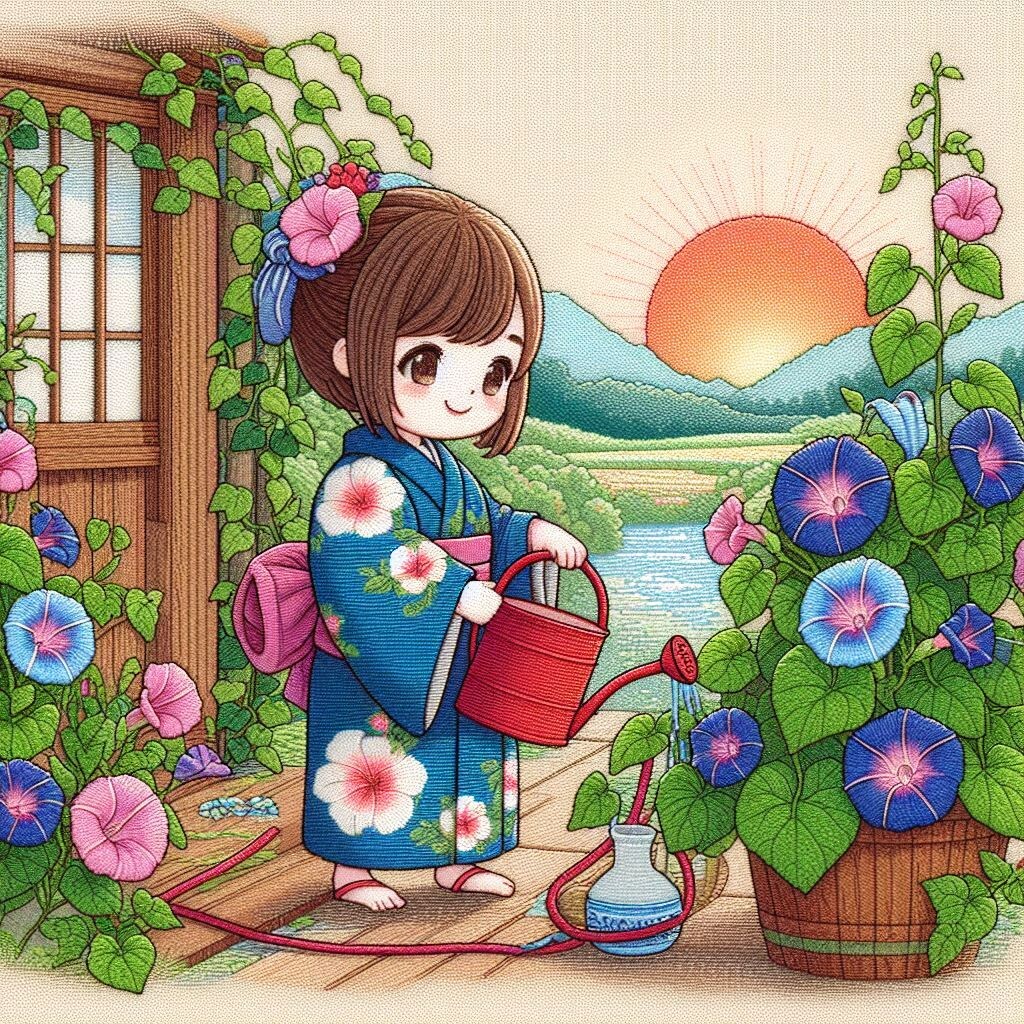 朝顔に水をやる古風な女の子 | の人気AIイラスト・グラビア