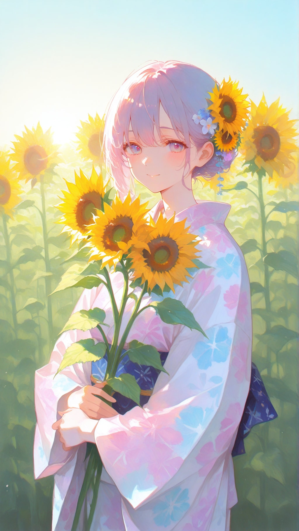 向日葵と浴衣の少女