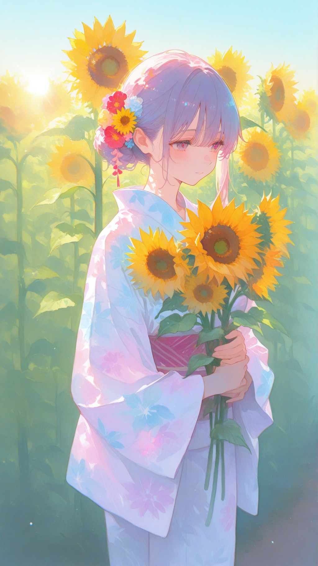 向日葵と浴衣の少女