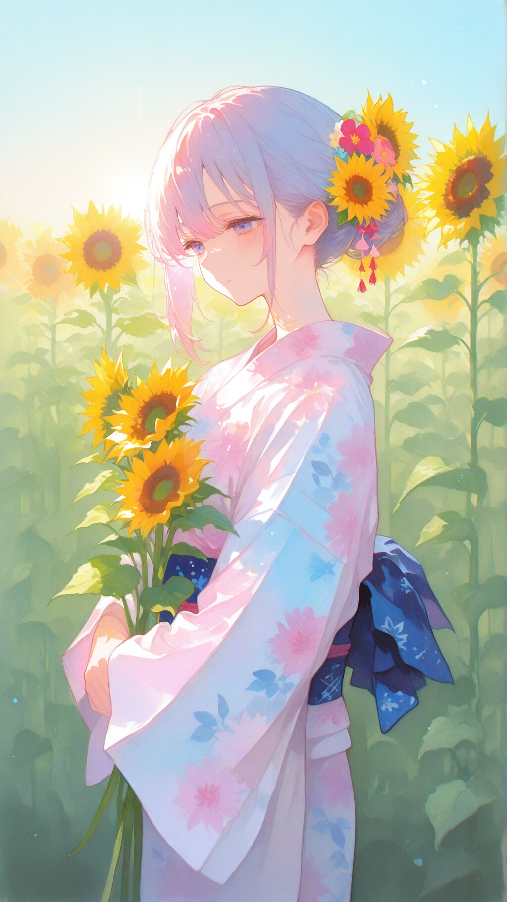 向日葵と浴衣の少女