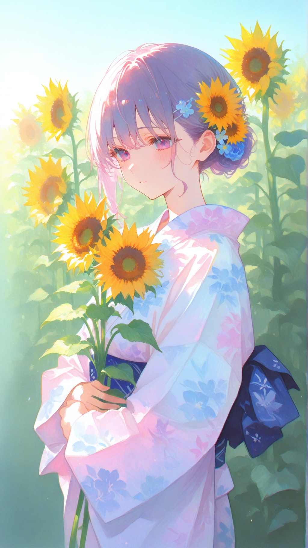 向日葵と浴衣の少女