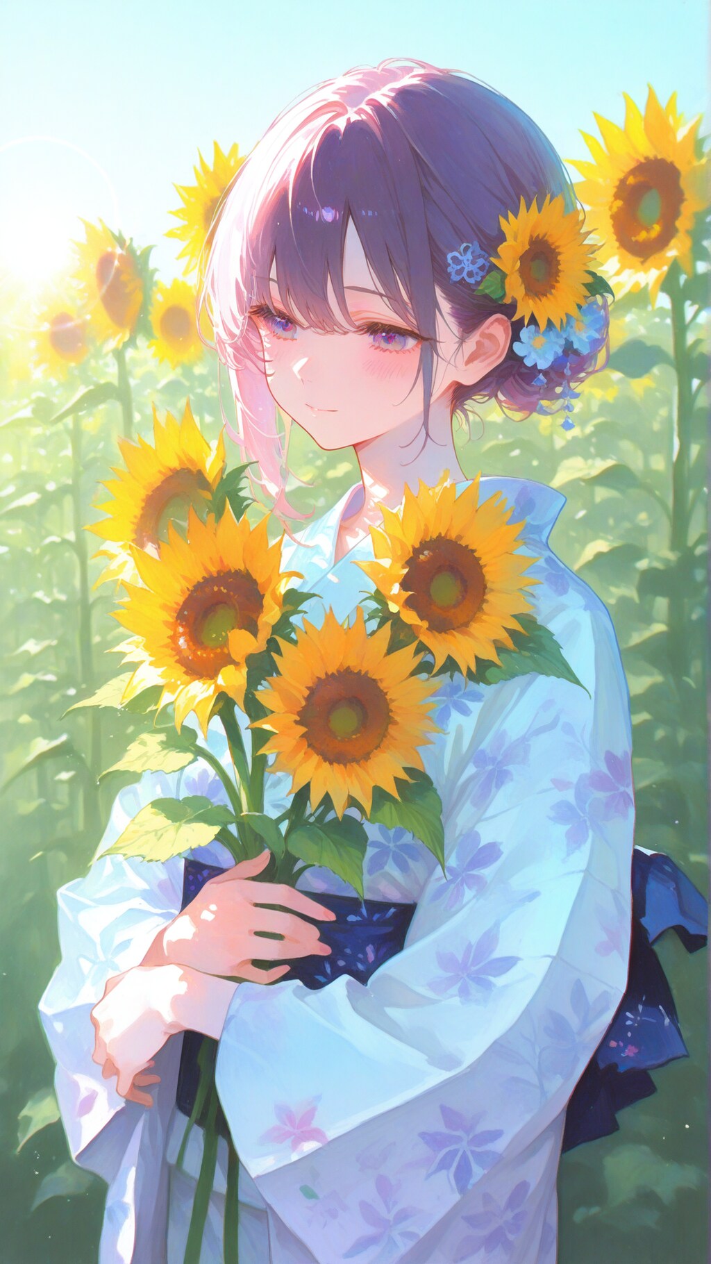 向日葵と浴衣の少女