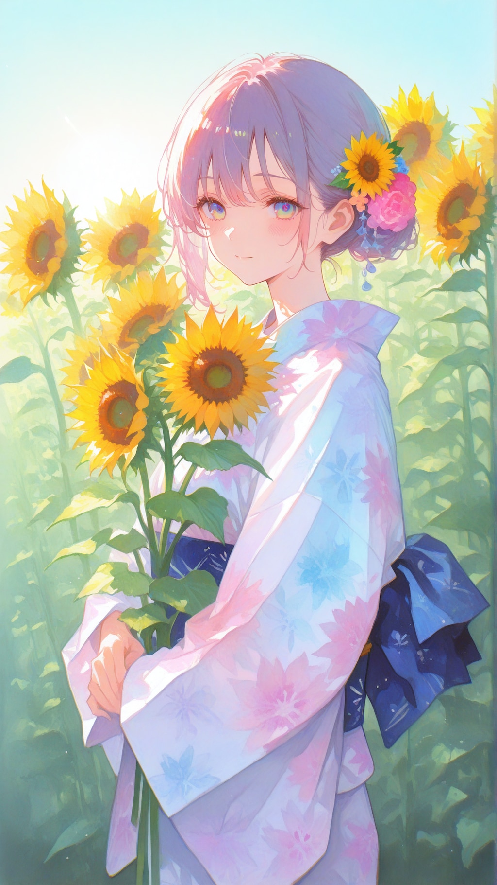 向日葵と浴衣の少女