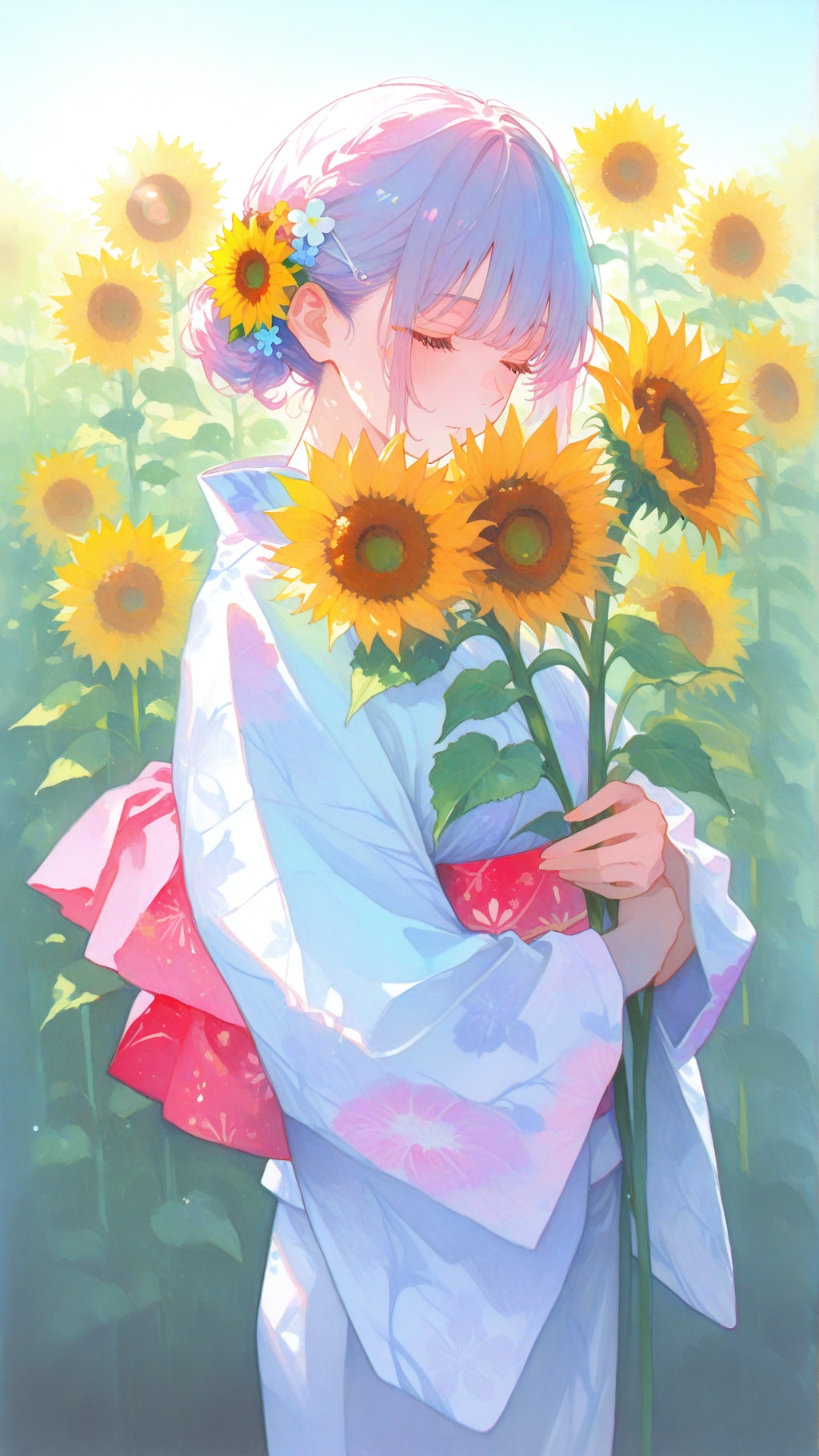 向日葵と浴衣の少女