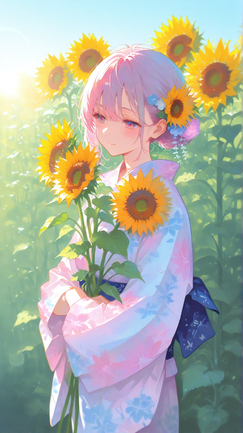 向日葵と浴衣の少女