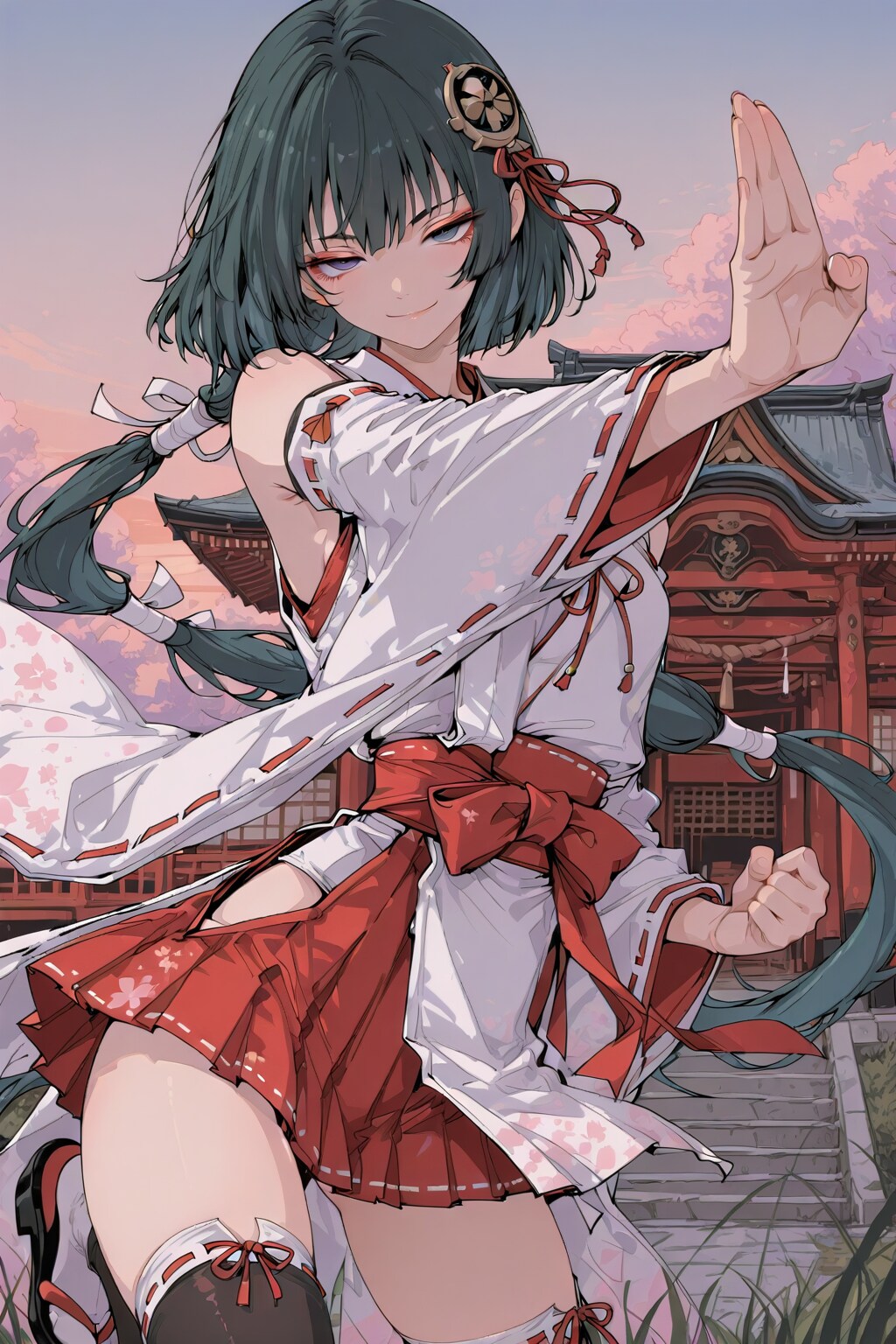 夕暮れを前に殺陣(たて)をする巫女