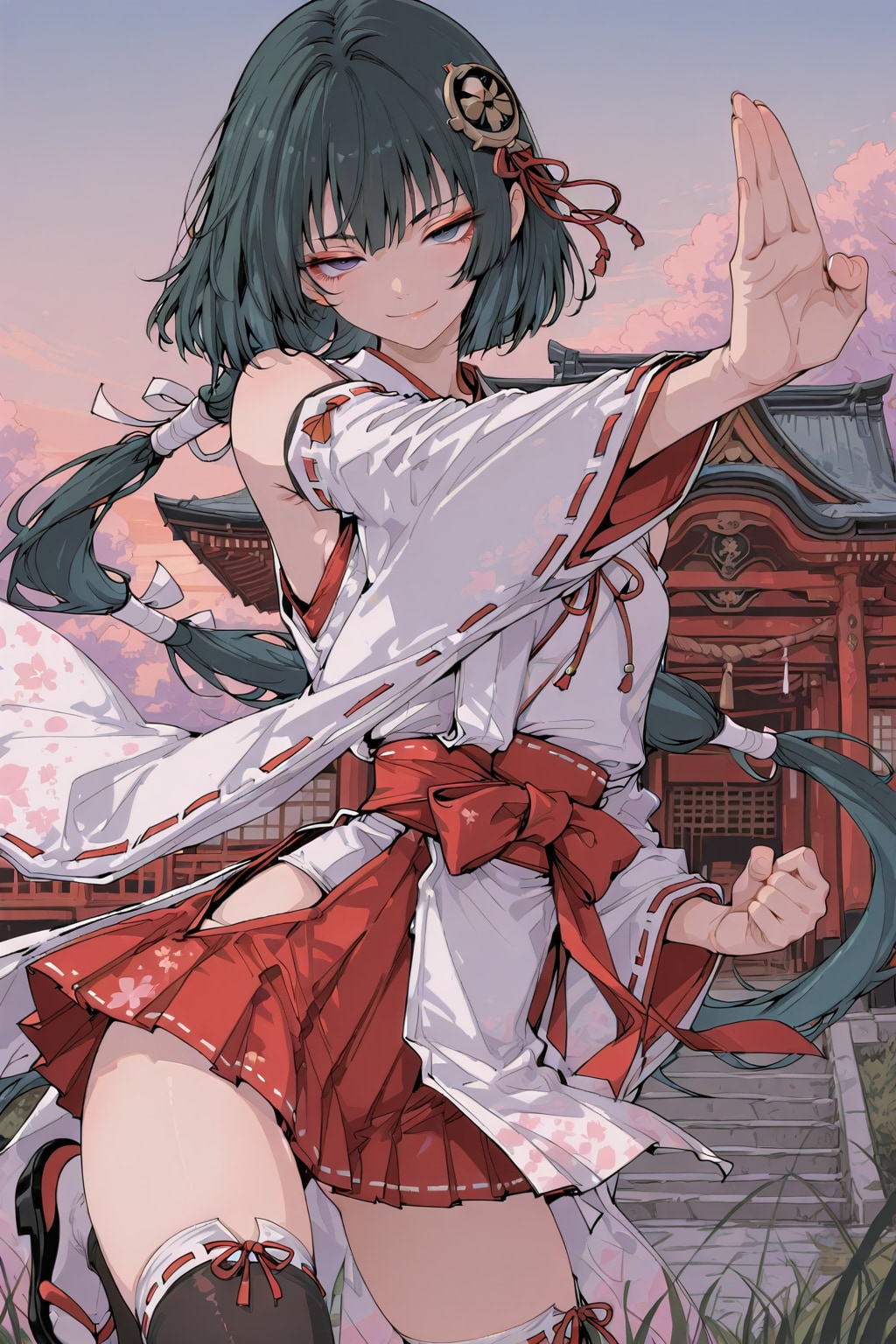 夕暮れを前に殺陣(たて)をする巫女
