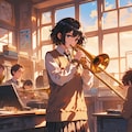 夕暮れの教室でコントラバスを奏でる少女 5枚目