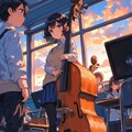 夕暮れの教室でコントラバスを奏でる少女 3枚目
