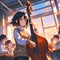 夕暮れの教室でコントラバスを奏でる少女 2枚目