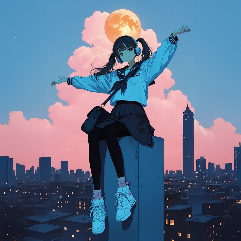 座る女子高生【黄・青・橙・紫・緑】