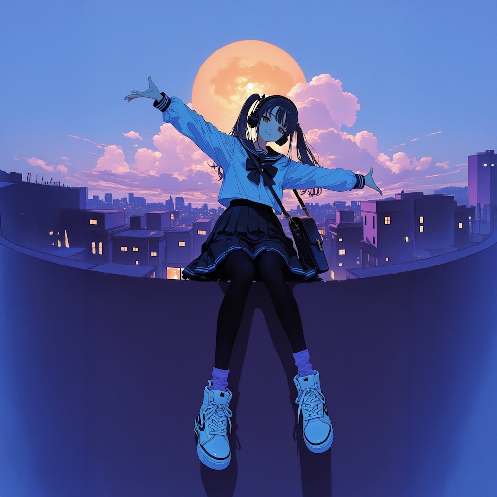 座る女子高生【黄・青・橙・紫・緑】