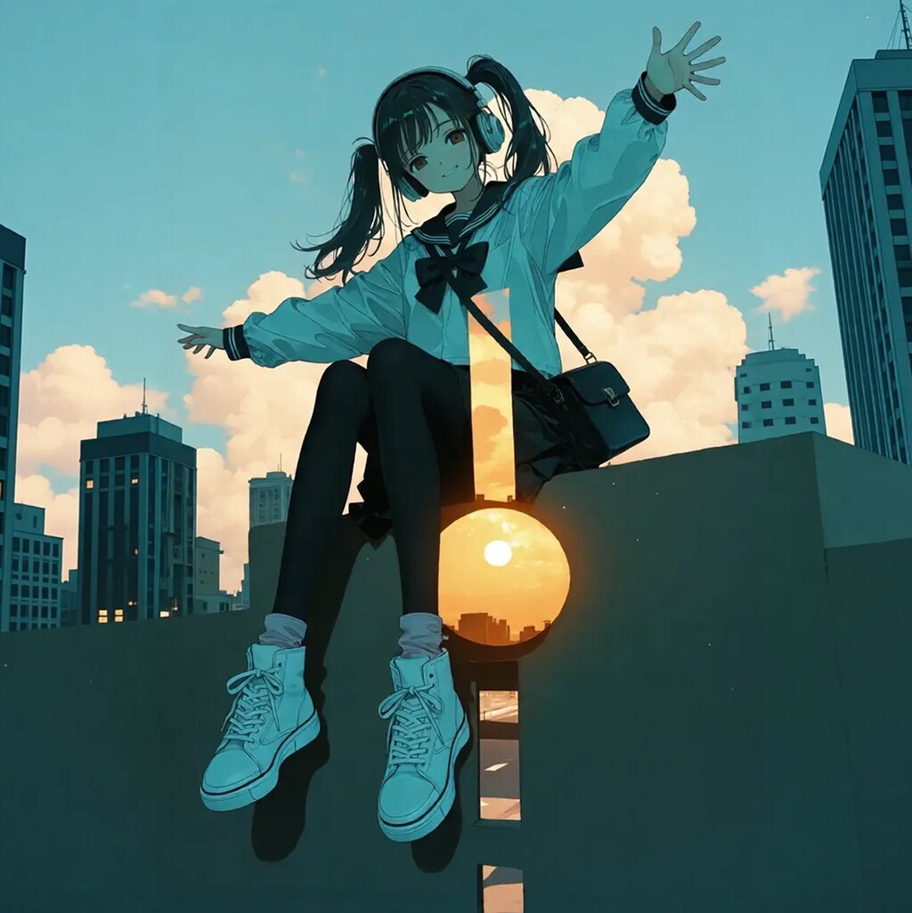 座る女子高生【黄・青・橙・紫・緑】