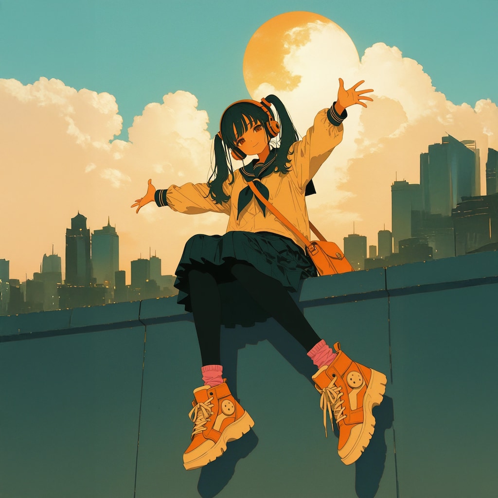 座る女子高生【黄・青・橙・紫・緑】