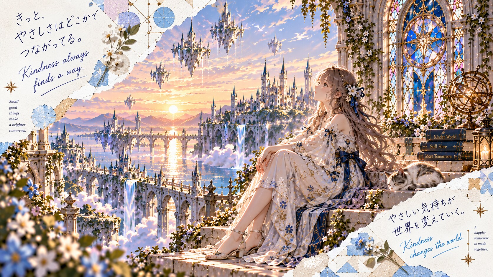 Watching the sun set over a floating city, a sleepy cat curled up beside three quiet books.  Kindnes | の人気AIイラスト・グラビア
