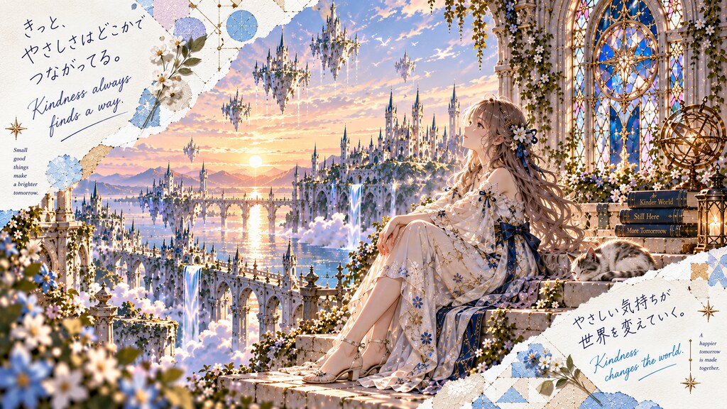 Watching the sun set over a floating city, a sleepy cat curled up beside three quiet books.  Kindnes