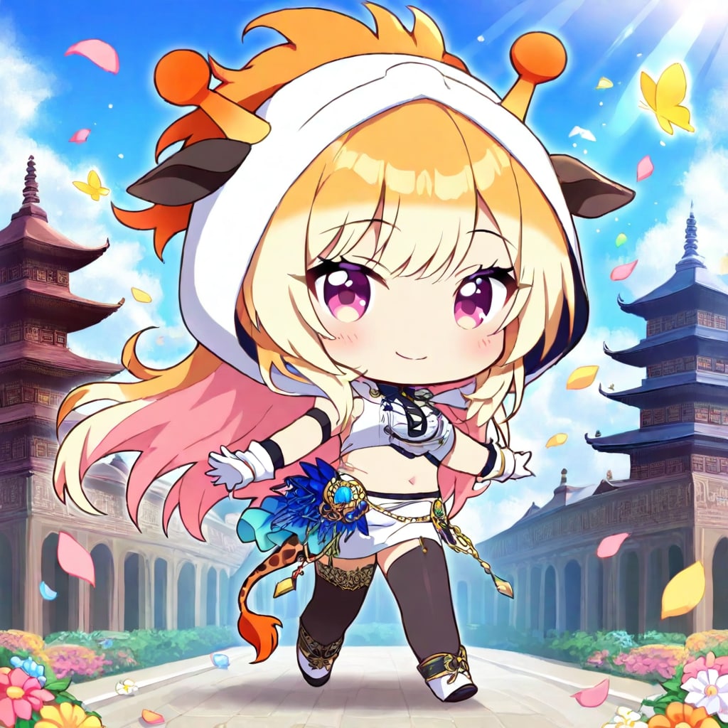 屋敷と花畑とキリン着ぐるみちび子ちゃん