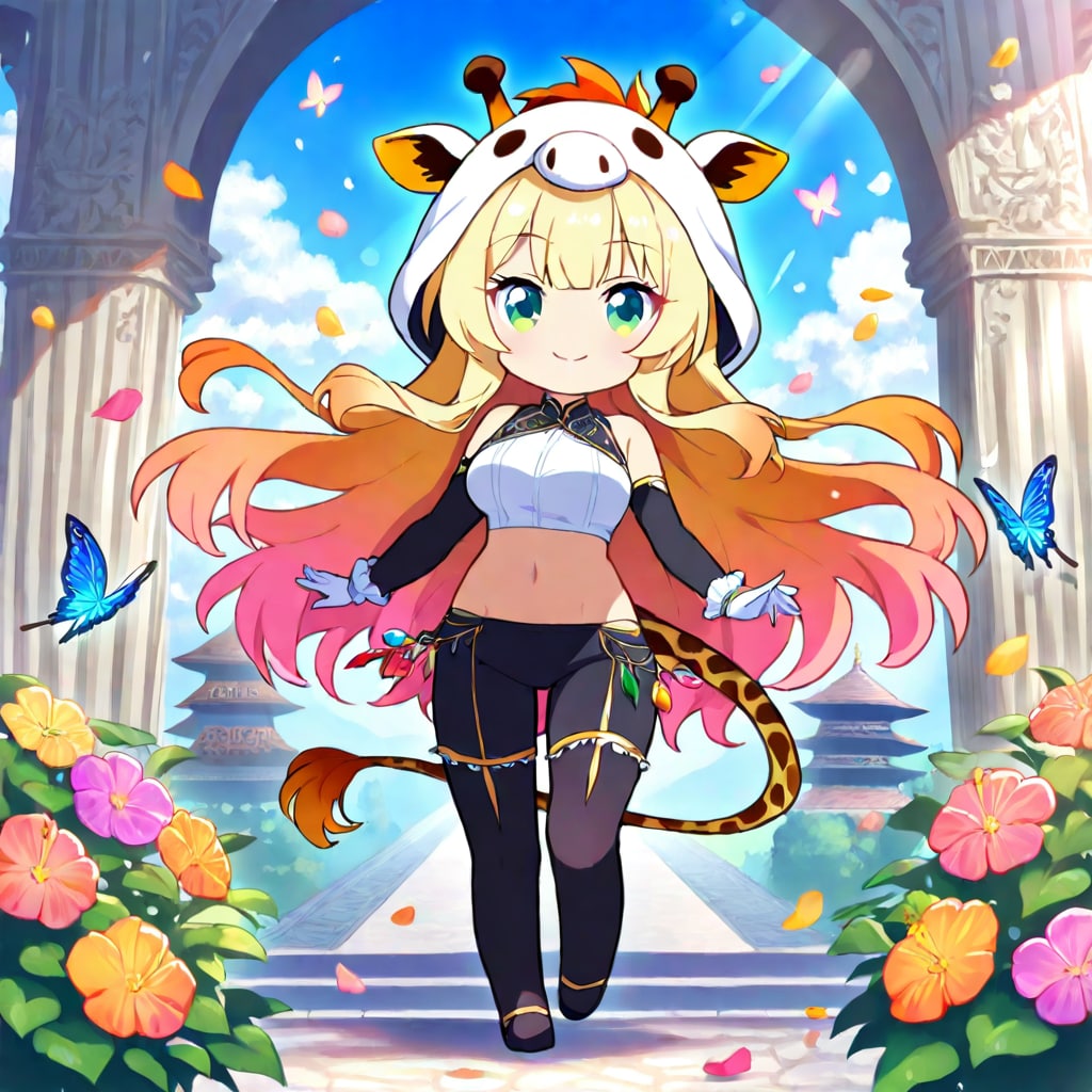 屋敷と花畑とキリン着ぐるみちび子ちゃん