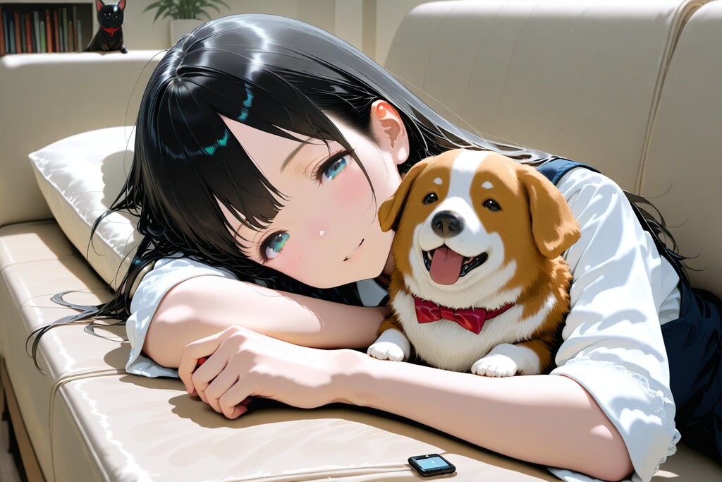 ソファの上の女の子と犬