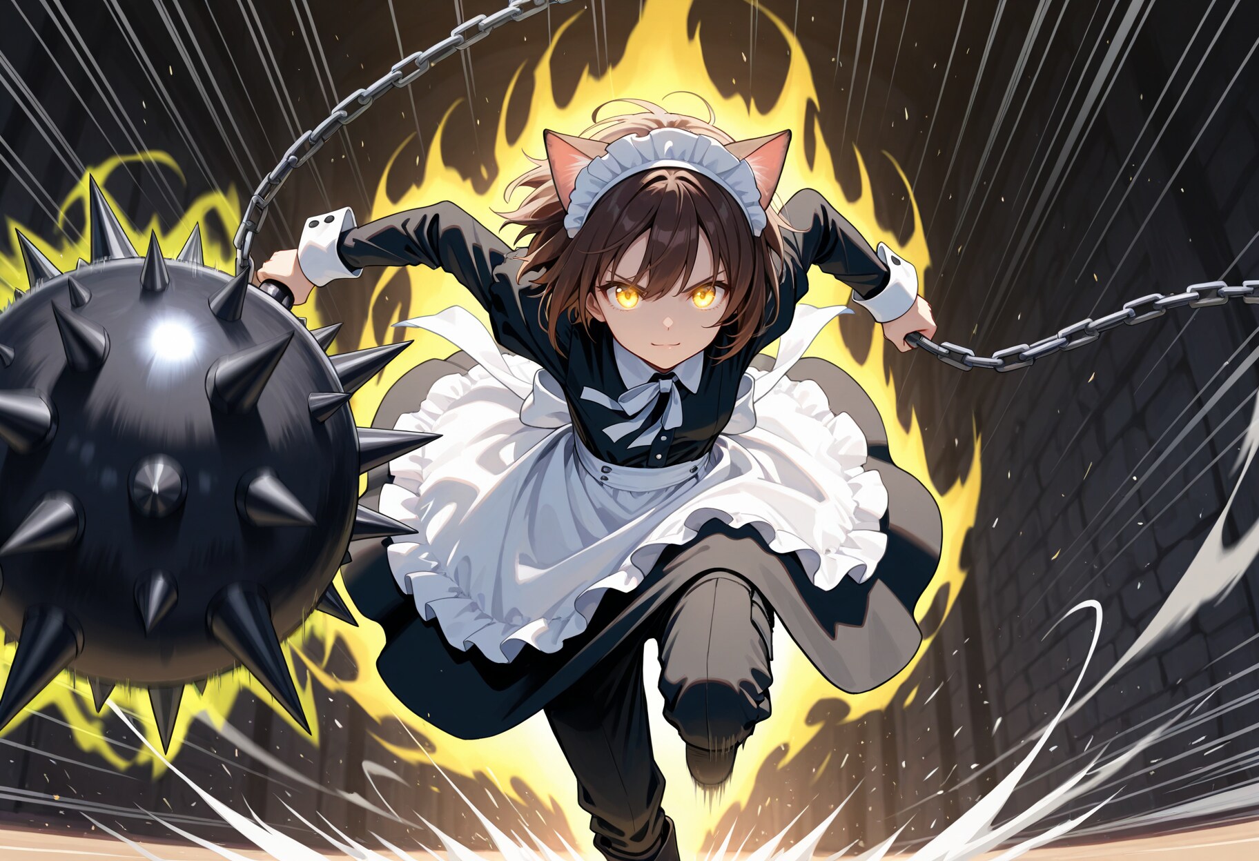 鉄球を持って走る喫茶店で働く猫娘さん | の人気AIイラスト・グラビア