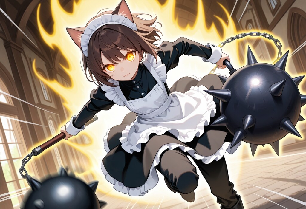 鉄球を持って走る喫茶店で働く猫娘さん