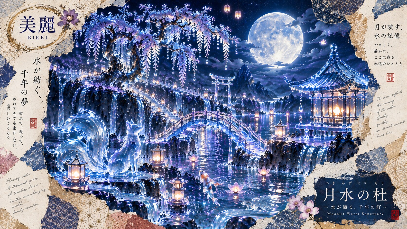 Moonlit Water Sanctuary — A Thousand-Year Dream  The moon reflects the memory of water.  Beneath a l | の人気AIイラスト・グラビア