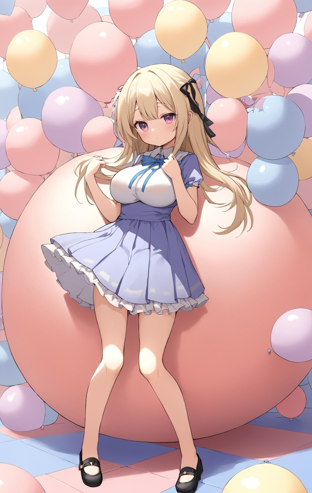 ピンクの巨大風船に背を預け