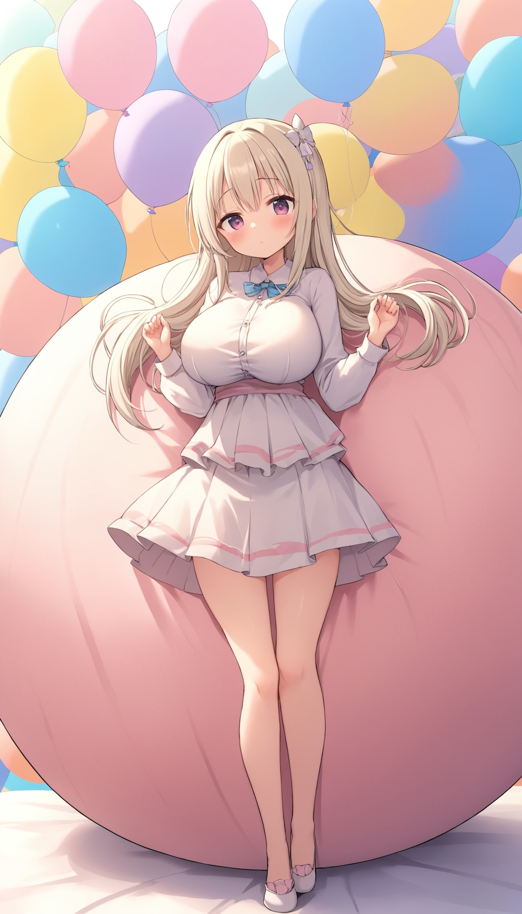 ピンクの巨大風船に背を預け