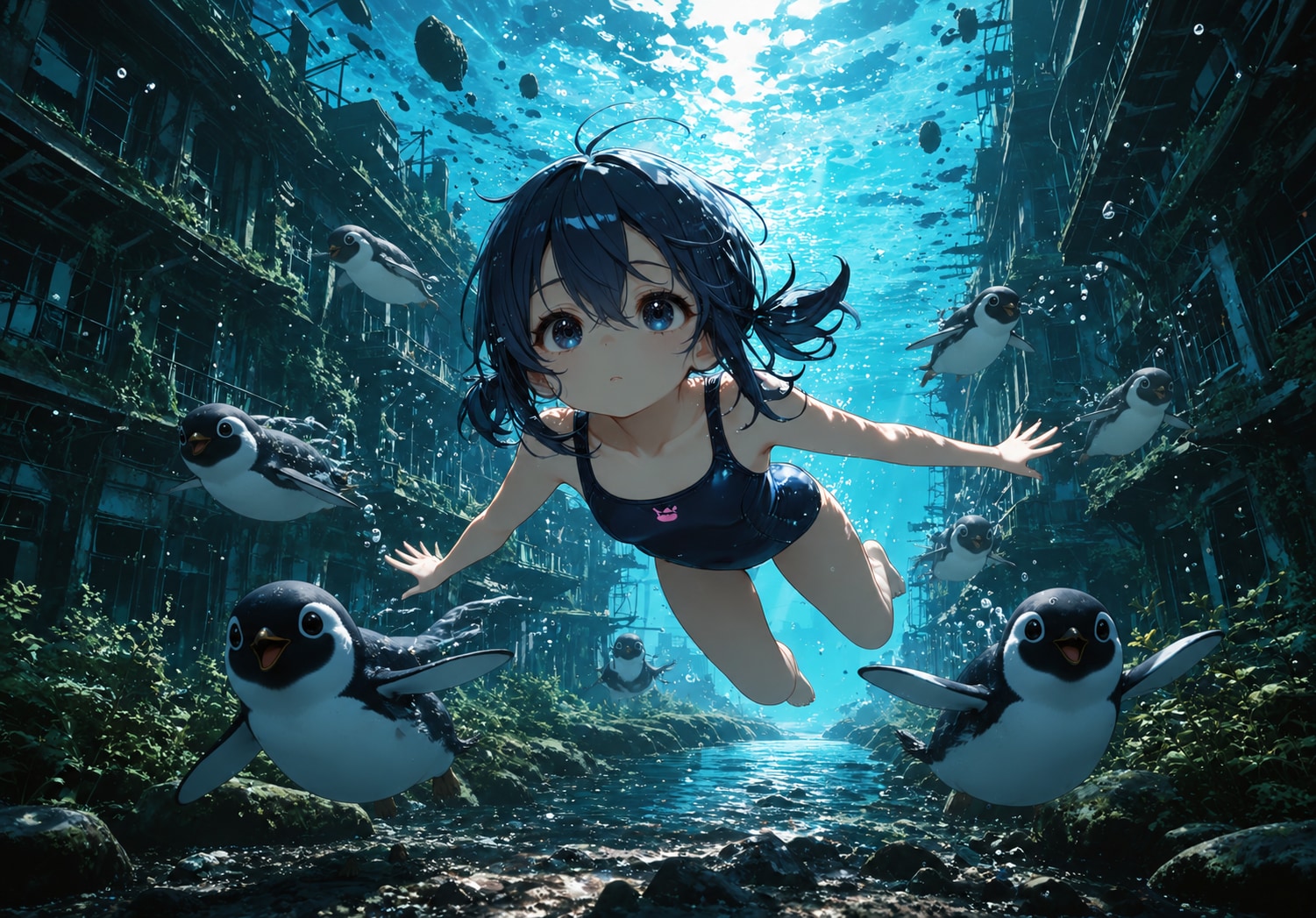 水没都市でペンギンと泳ぐ