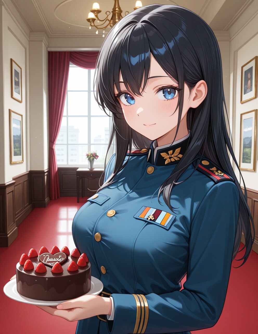 軍服姿の葵さんとチョコレートケーキ
