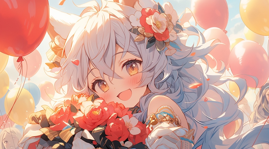風船の祝福 花束を抱く狐の少女