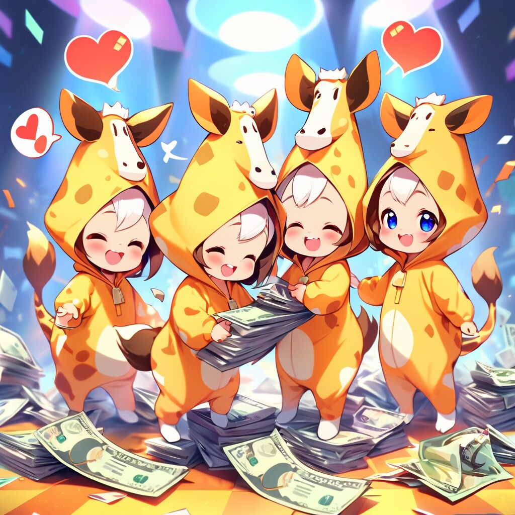 新紙幣発行をお祝いするキリン着ぐるみちび子ちゃん