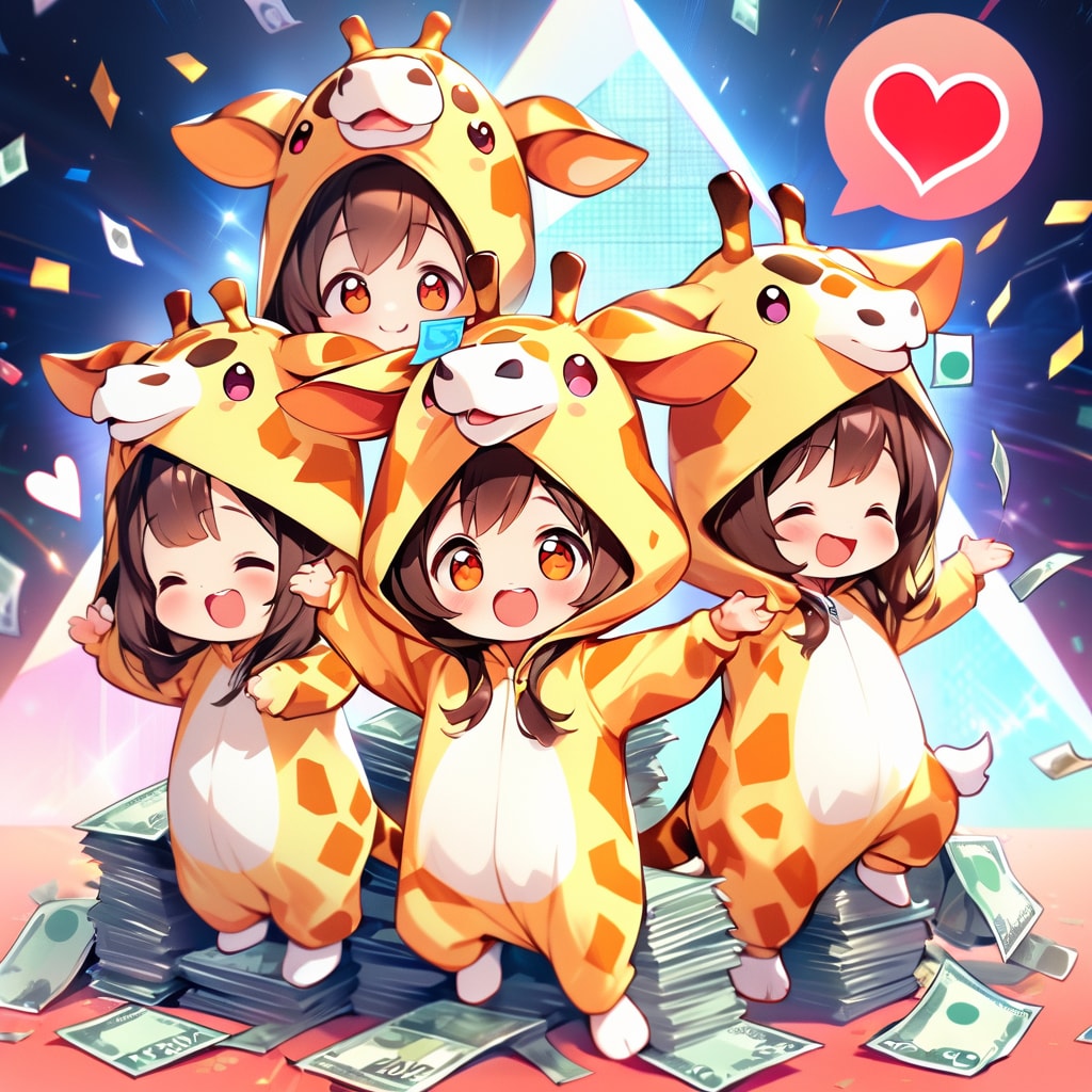 新紙幣発行をお祝いするキリン着ぐるみちび子ちゃん