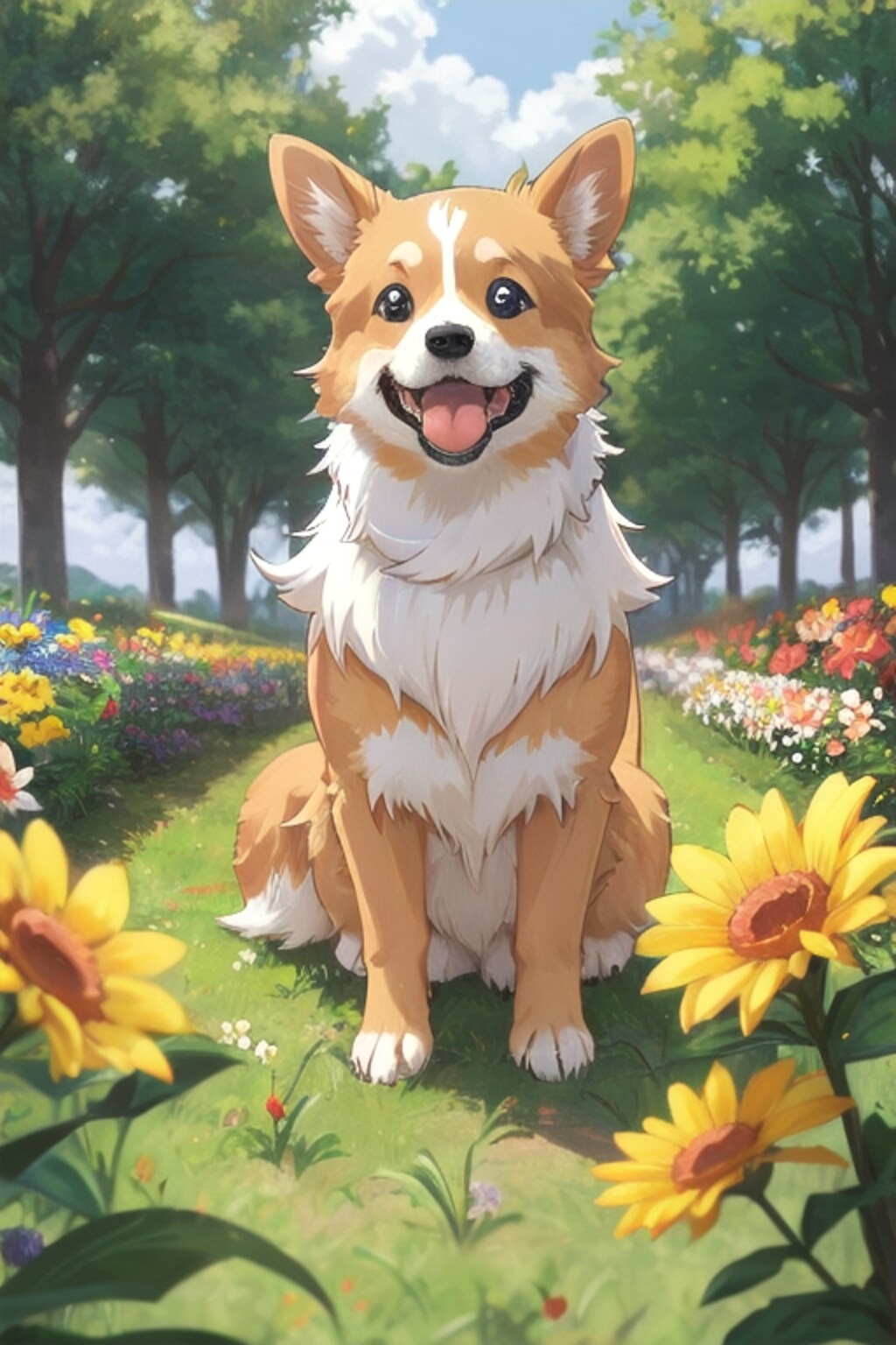 【花は添えるだけ】コーギーさんと花畑